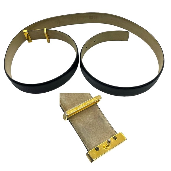 Designer Belt Vintage Black Leather Gold Logo Buckle By Pierre Cardin - Picture 9 of 11